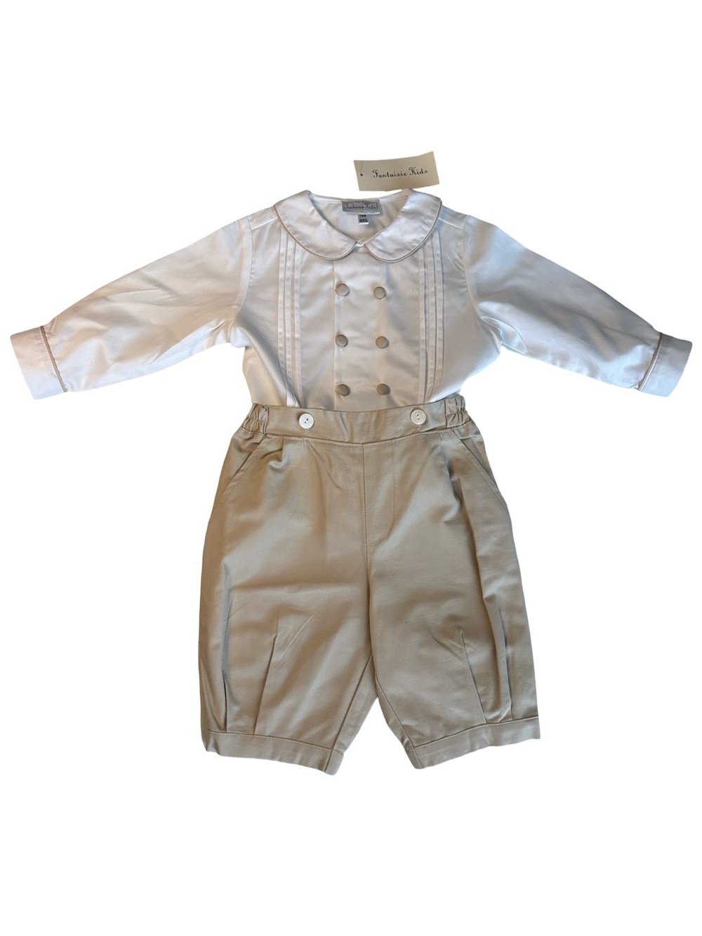 Fantaisie Kids NWT White Tan Dressy Shirt Button On Pants 18 Months